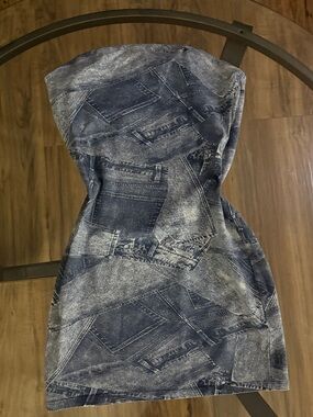 Tube Blue Denim-Print Mini Dress